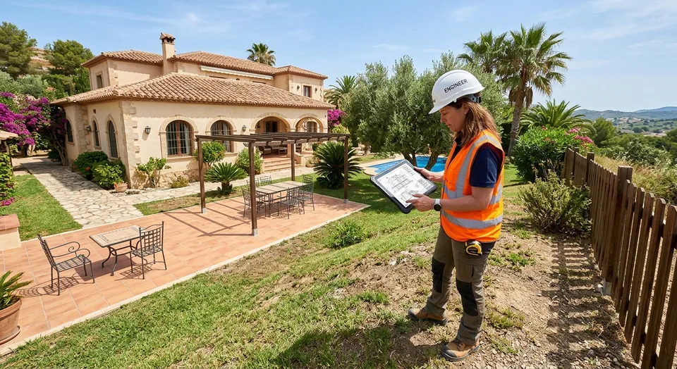 מהנדסת בניין חובשת קסדה ואפוד זוהר בוחנת תוכניות בנייה בטאבלט בחצר של וילה יוקרתית